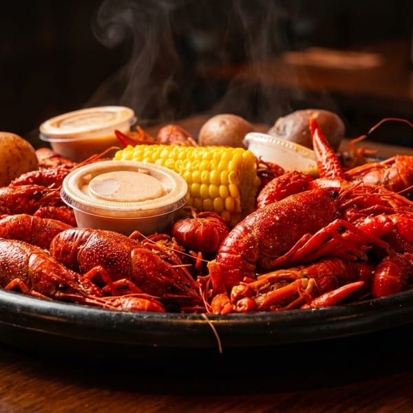 Steaming platter of boiled crawfish, corn on the cob, potatoes, and dipping sauces on a wooden table.