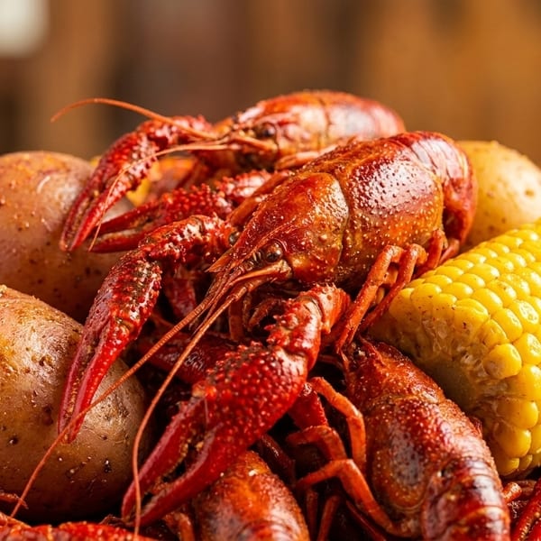 Close-up of a vibrant red crawfish boil with potatoes and corn on the cob.
