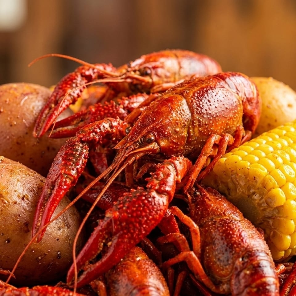 A close-up of a seafood boil with bright red crawfish, potatoes, and a yellow ear of corn.
