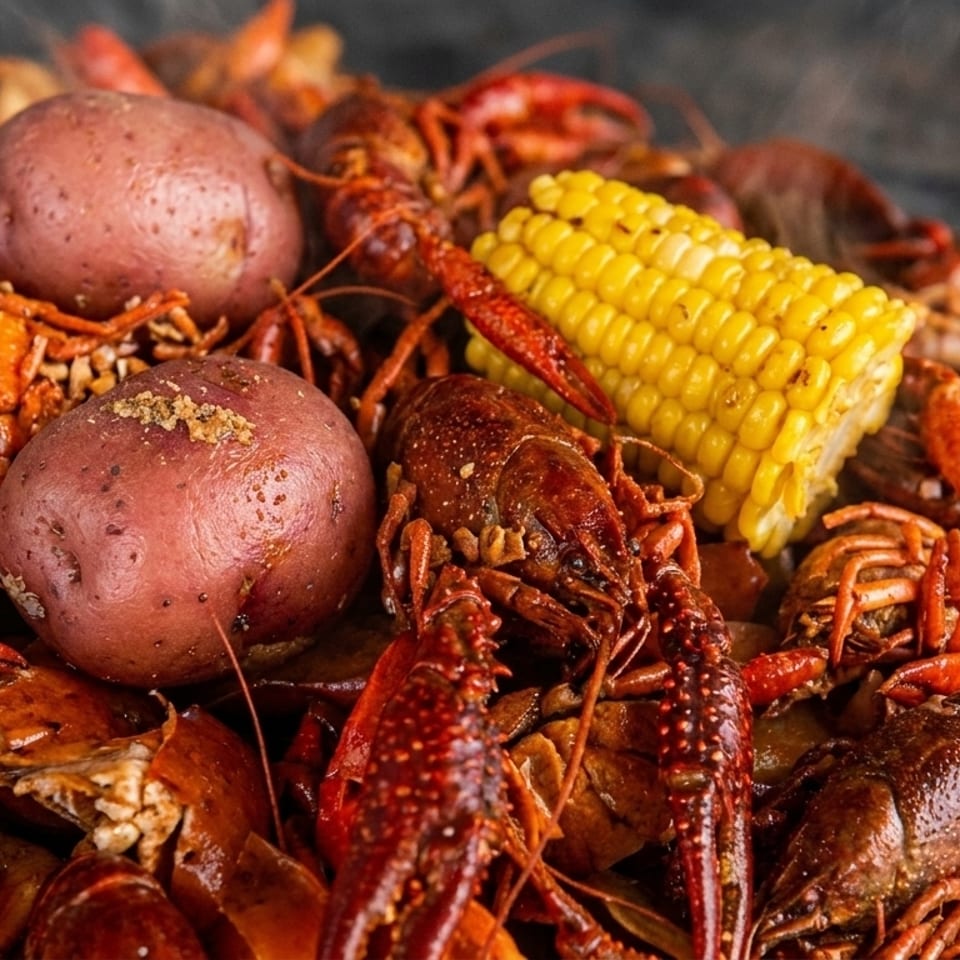 Close-up of a steaming pile of boiled crawfish, red potatoes, and corn on the cob.