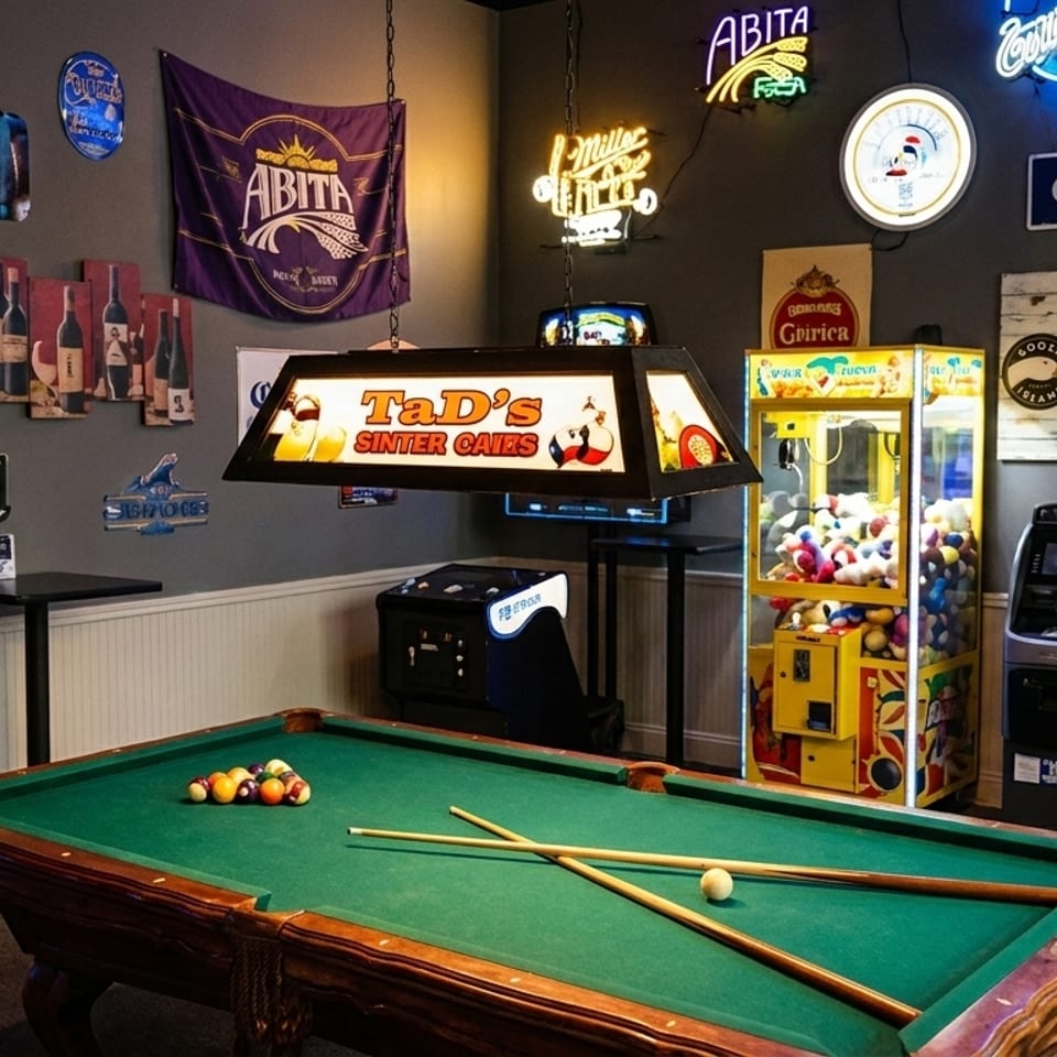 A game room with a pool table, arcade games, claw machine, and neon bar signs.